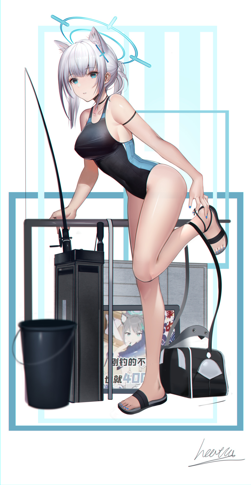 1girl absurdres animal_ear_fluff animal_ears bag bare_arms bare_legs bare_shoulders barefoot black_one-piece_swimsuit blue_archive blue_eyes blush breasts bucket collarbone competition_swimsuit covered_navel cross cross_hair_ornament extra_ears fishing_rod full_body hair_ornament halo heatia highleg highleg_swimsuit highres inverted_cross leg_up looking_at_viewer low_ponytail medium_breasts mismatched_pupils multicolored_clothes multicolored_swimsuit official_alternate_costume one-piece_swimsuit revision sacabambaspis shiroko_(blue_archive) shiroko_(swimsuit)_(blue_archive) shoulder_bag simple_background standing standing_on_one_leg swimsuit thighs two-tone_swimsuit white_background wolf_ears