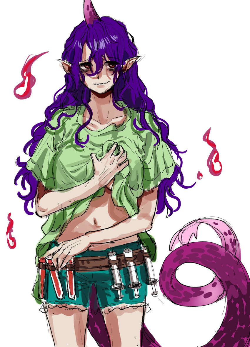 1girl absurdres closed_mouth collarbone green_shirt green_shorts highres horns korean_commentary kuya_(hey36253625) long_hair messy_hair navel pointy_ears purple_hair purple_horns red_eyes shirt short_sleeves shorts simple_background single_horn solo syringe tail tenkajin_chiyari test_tube touhou unfinished_dream_of_all_living_ghost white_background