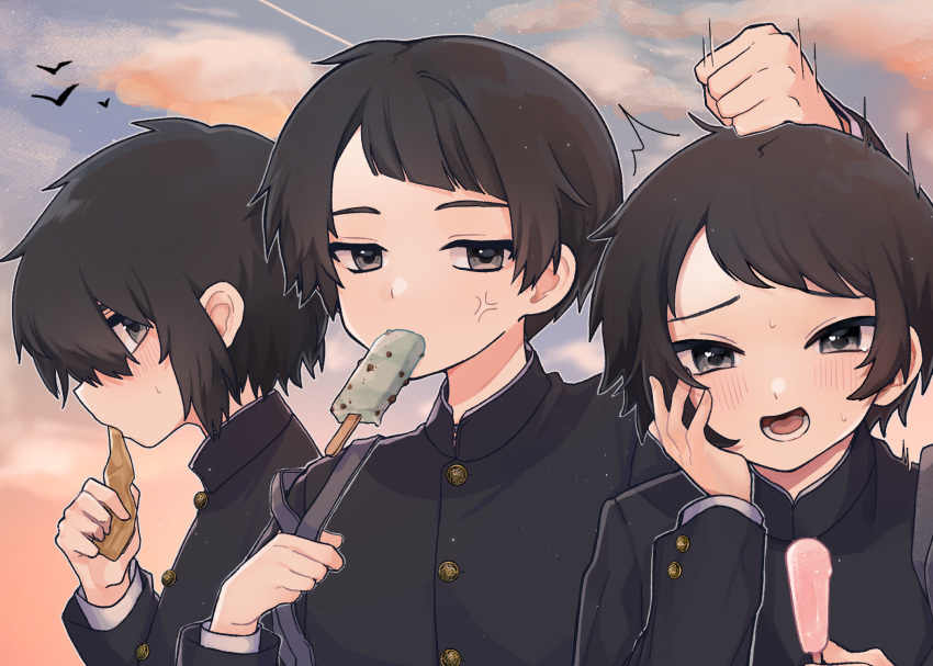 3boys anger_vein annoyed bag black_eyes black_hair black_jacket blue_sky buttoned_cuffs buttons clenched_hand collared_jacket commentary_request contrail expressionless food food_in_mouth from_side gakuran hand_on_own_cheek hand_on_own_face highres holding holding_food ice_cream jacket long_sleeves looking_at_another looking_at_viewer looking_to_the_side male_focus mandarin_collar multiple_boys open_mouth orange_clouds original outdoors punching school_bag school_uniform shiro_ichigo_(dokkoisho) shirt shoulder_bag simple_bird sky teeth upper_body upper_teeth_only white_shirt