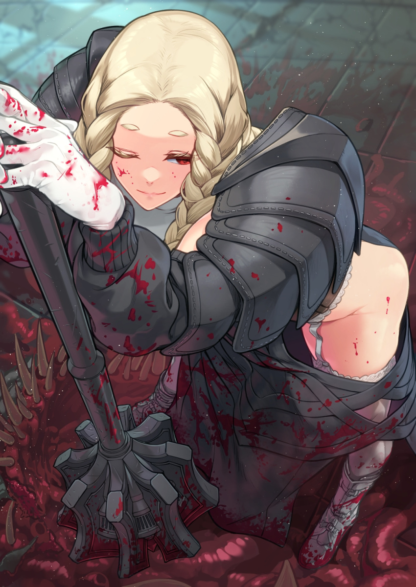 1girl armor blonde_hair blood blood_on_clothes braid corpse forehead garter_straps highres holding_mace light_smile long_hair morisaki_jiro one_eye_closed original red_eyes solo thighhighs twin_braids white_thighhighs