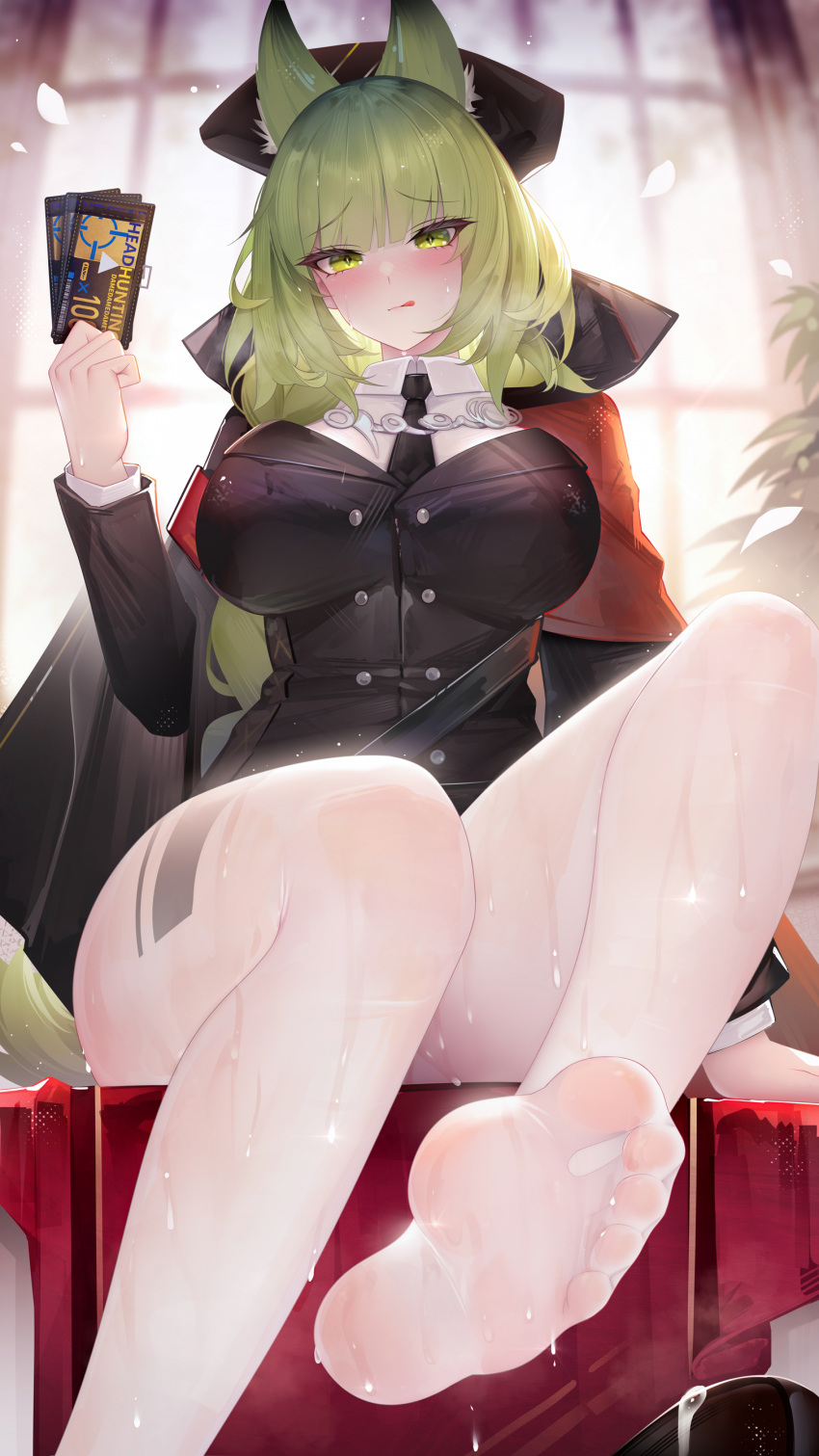 1girl :p absurdres animal_ears arknights binggong_asylum black_bow black_cape black_necktie black_vest blush bow breasts buttons cape cat_ears collared_shirt extra_ears foot_out_of_frame foot_up green_eyes green_hair hair_bow hand_up harmonie_(arknights) headhunting_permit_(arknights) highres holding indoors large_breasts layered_sleeves long_hair long_sleeves looking_at_viewer necktie no_shoes pantyhose plant potted_plant see-through shirt sitting soles solo thighs toes tongue tongue_out vest wet wet_clothes white_pantyhose white_shirt window