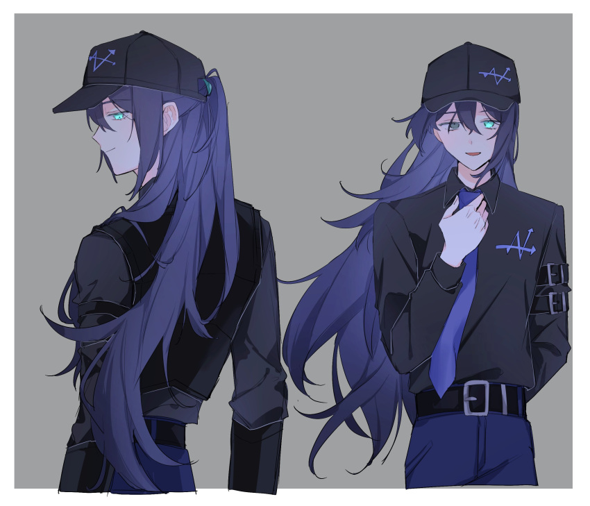 1boy aojiru_oisiiiii aqua_eyes arm_strap baseball_cap black_eyes black_shirt blue_hair blue_necktie blue_pants collared_shirt cowboy_shot hat heterochromia highres hong_lu_(project_moon) limbus_company long_hair multiple_views necktie open_mouth pants project_moon shirt smile very_long_hair