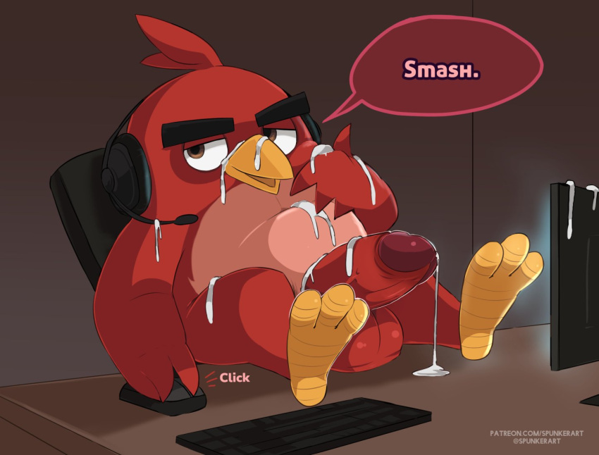 angry_birds anthro avian balls big_balls big_penis bird bodily_fluids computer cum cum_drool cum_everywhere erection eyebrows feathers feet genital_fluids genitals headphones keyboard looking_at_viewer male messy penis red_(angry_birds) red_body red_feathers smash_or_pass solo spunkerart text