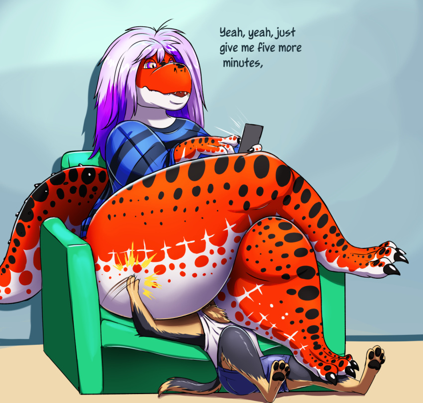 2019 anthro bottom_heavy bottomwear cellphone claws clothed clothing crossed_legs dialogue dinosaur duo facesitting fangs female fur furniture hair half-closed_eyes holding_object holding_phone male mammal narrowed_eyes on_sofa open_mouth overweight overweight_anthro overweight_female pattern_clothing pattern_shirt pattern_topwear patting paws phone reptile scales scalie shenzel shirt shorts sitting sitting_on_another sitting_on_sofa sofa striped_clothing striped_shirt striped_topwear stripes tank_top teeth text theropod thick_thighs toe_claws topwear trinity_(shenzel) tyrannosaurid tyrannosaurus tyrannosaurus_rex