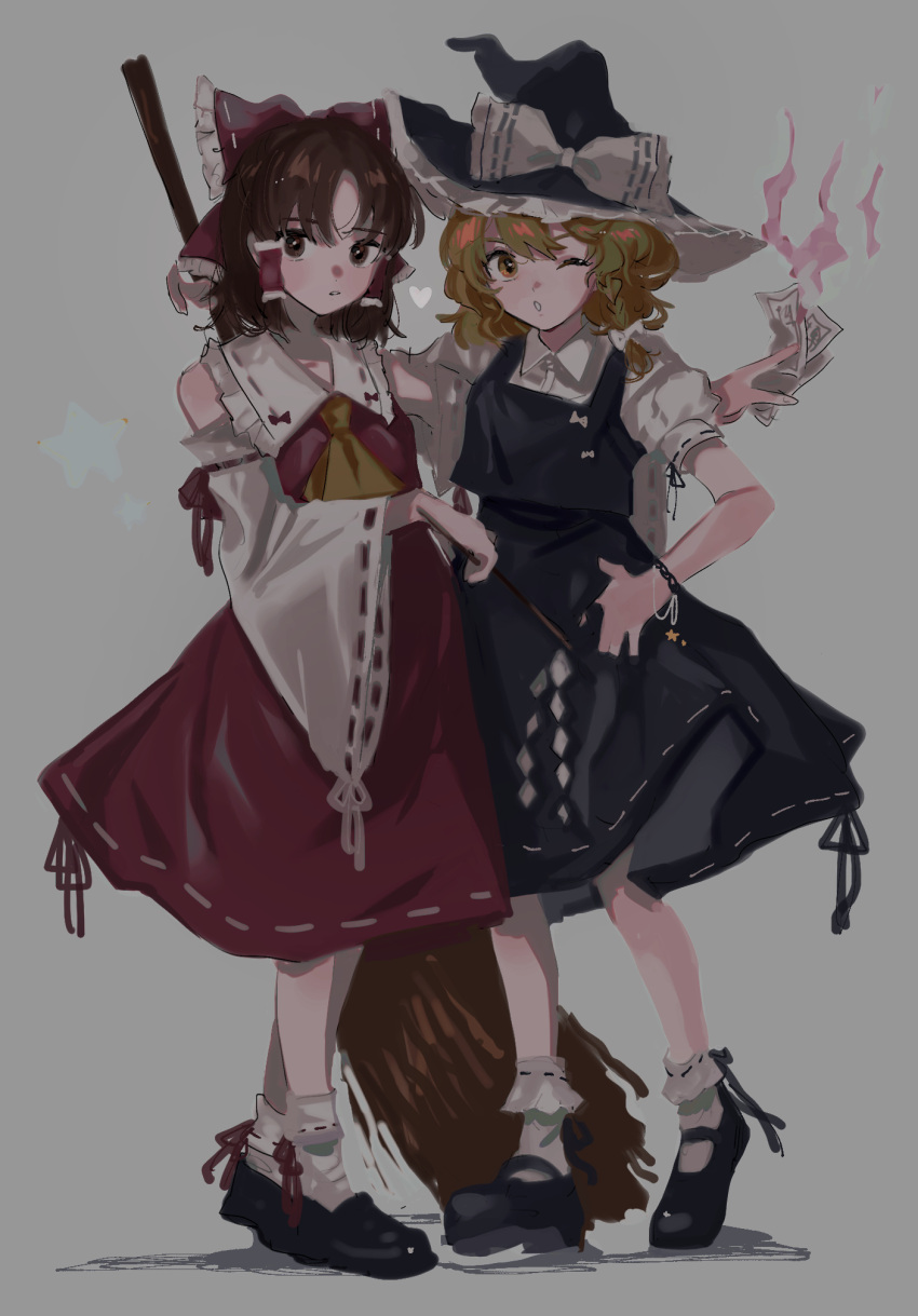 2girls ascot between_fingers black_footwear black_skirt black_vest blonde_hair bow broom brown_hair detached_sleeves frilled_hair_tubes frills full_body gotagotay grey_background hair_bow hair_tubes hakama hakama_skirt hakurei_reimu hat hat_bow highres holding holding_broom japanese_clothes kirisame_marisa mary_janes multiple_girls nontraditional_miko ofuda ofuda_between_fingers puffy_short_sleeves puffy_sleeves red_shirt red_skirt shirt shoes short_sleeves simple_background skirt skirt_set sleeveless sleeveless_shirt socks standing touhou vest white_shirt white_socks wide_sleeves witch_hat yellow_ascot