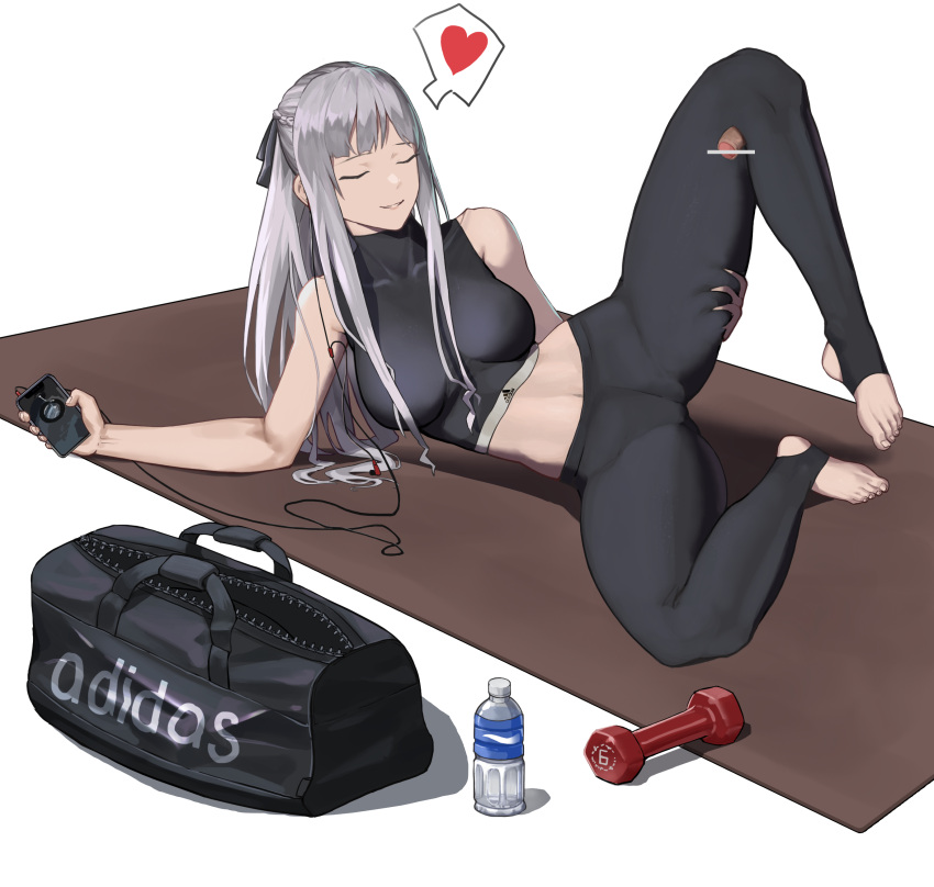 absurdres adidas ak-12_(girls'_frontline) bag bottle breasts closed_eyes digital_media_player duffel_bag dumbbell english_commentary full_body girls'_frontline grey_hair heart highres kneepit_sex large_breasts leg_lift long_hair navel pants penis sidelocks smile spoken_heart sports_bra sportswear stirrup_legwear toeless_legwear toes water_bottle white_background yoga_mat yoga_pants zhentian_liukuai_qian