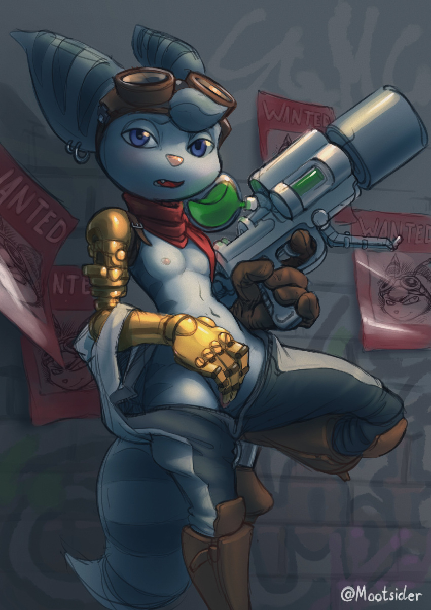 2021 absurd_res anthro breasts clothed clothing cybernetic_arm cybernetic_limb detailed_background ear_piercing ear_ring female fingering fingering_self front_view fur grey_body grey_fur gun hi_res holding_gun holding_object holding_weapon lombax looking_at_viewer mammal masturbation mootsider nipples on_one_leg partially_clothed piercing portrait ranged_weapon ratchet_and_clank ring_piercing rivet_(ratchet_and_clank) scarf small_breasts solo sony_corporation sony_interactive_entertainment standing three-quarter_portrait vaginal vaginal_fingering vaginal_masturbation wanted_poster weapon