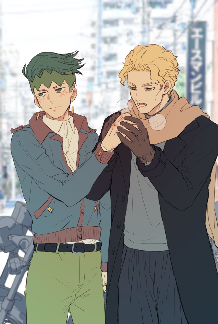 2boys black_coat blonde_hair blue_eyes blush breath brown_scarf casual coat diamond_wa_kudakenai earrings flat_color gloves green_eyes green_hair headband highres jacket jewelry jojo_no_kimyou_na_bouken killerohan kira_yoshikage kishibe_rohan long_coat male_focus multiple_boys scarf