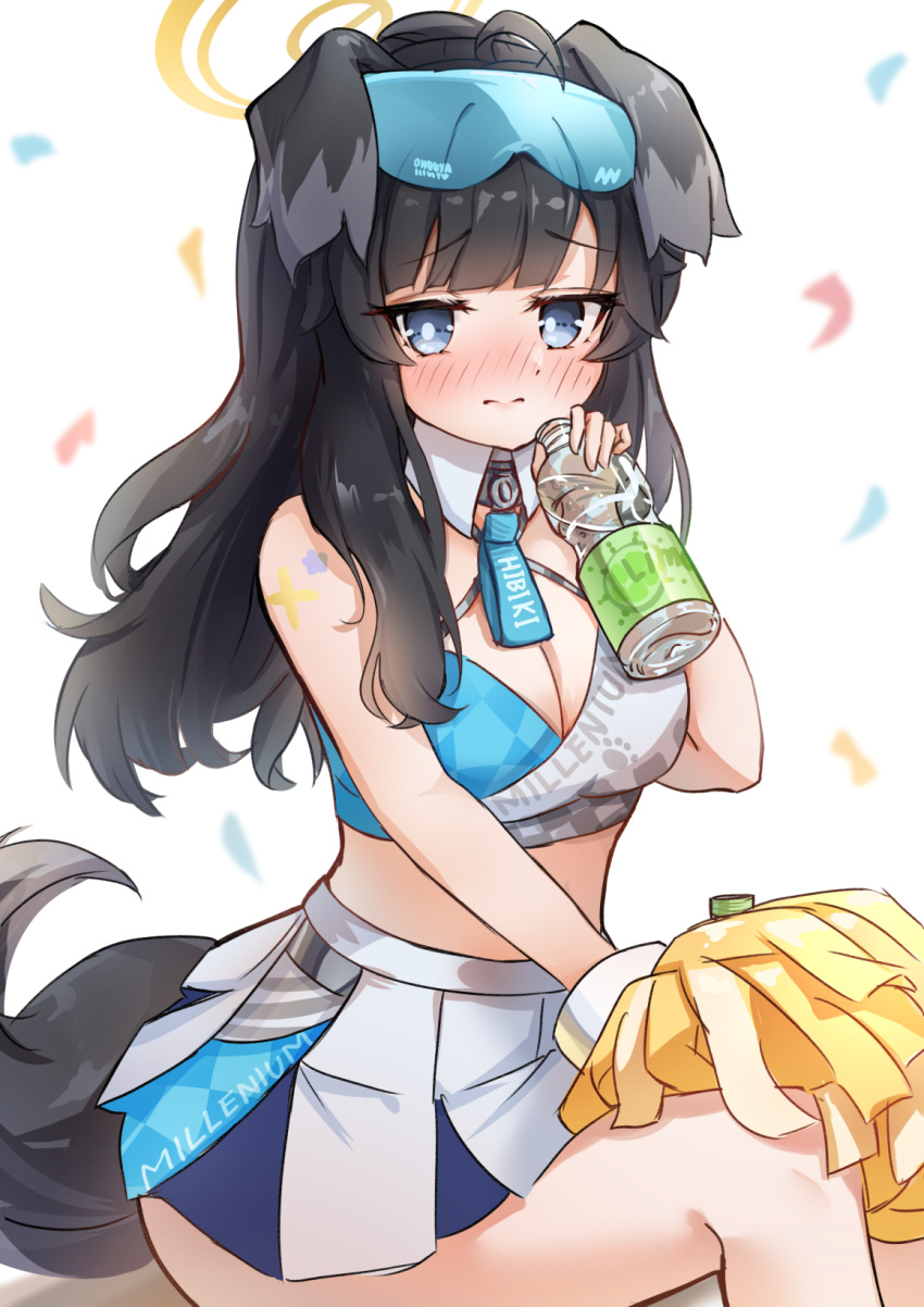 1girl animal_ears arm_tattoo ass black_hair blue_archive blue_eyes blunt_bangs blurry bottle breasts cheerleader cleavage commentary_request confetti depth_of_field detached_collar dog_ears dog_girl dog_tail eyewear_on_head facial_tattoo halo hibiki_(blue_archive) hibiki_(cheerleader)_(blue_archive) highres holding holding_bottle long_hair looking_at_viewer navel official_alternate_costume ohbuya plastic_bottle pleated_skirt ponytail sidelocks simple_background sitting skirt solo star_tattoo stomach sunglasses tail tattoo white_background