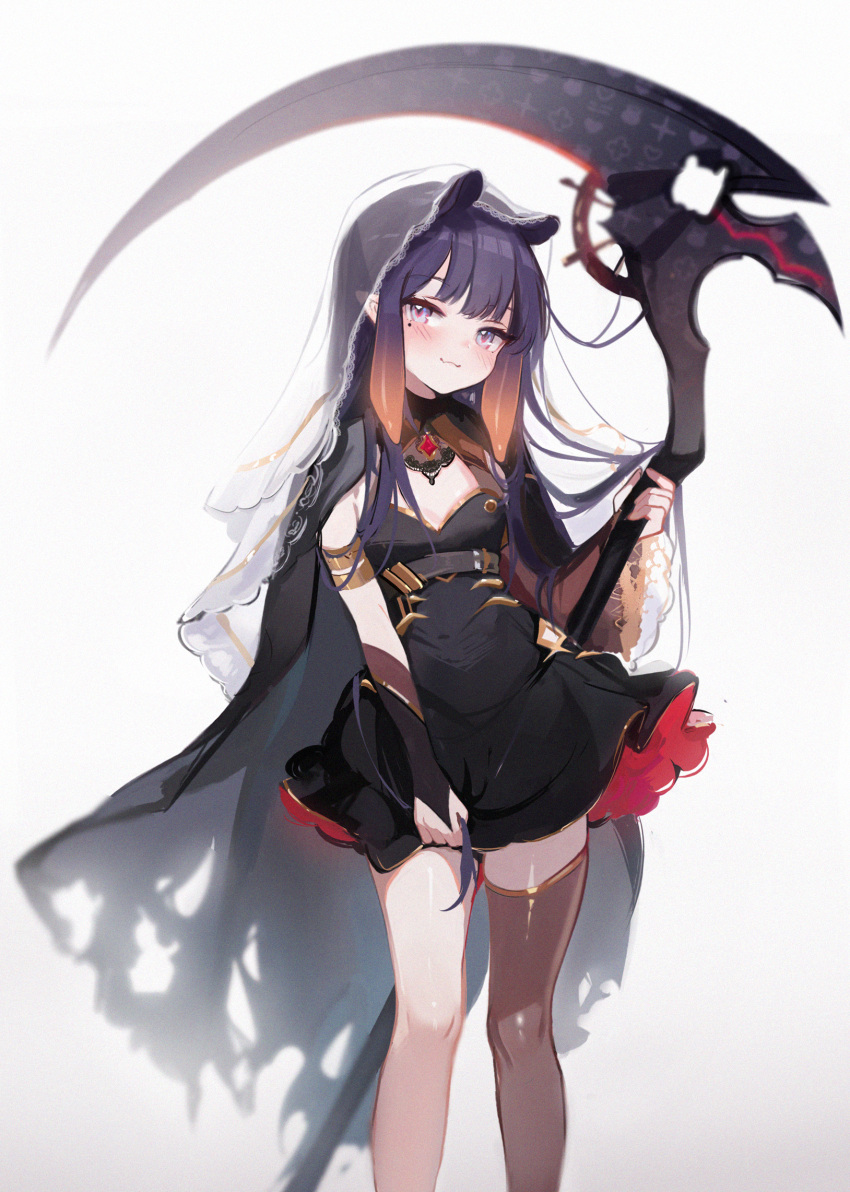 1girl blush brown_thighhighs closed_mouth cosplay gradient_hair highres holding holding_scythe holding_weapon hololive hololive_english koahri long_hair looking_at_viewer mole mole_under_eye mori_calliope mori_calliope_(cosplay) multicolored_hair ninomae_ina'nis orange_hair pointy_ears purple_hair scythe sidelocks simple_background single_thighhigh smile solo standing tentacle_hair thighhighs veil virtual_youtuber weapon white_background