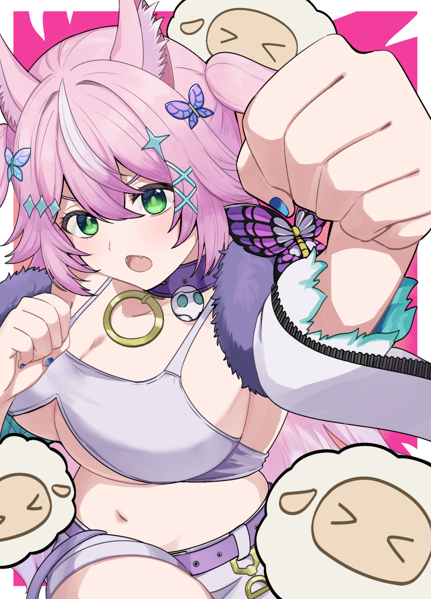 1girl :o absurdres animal_ear_fluff animal_ears belt blue_nails blush breasts butterfly_hair_ornament cleavage clenched_hands clothing_cutout collar fangs foreshortening fox_ears fox_girl fox_tail green_eyes hair_ornament highres huge_breasts incoming_attack incoming_punch long_hair looking_at_viewer multicolored_hair nail_polish navel nijisanji open_mouth pink_hair punching purple_belt purple_collar sidelocks solo sparkle_hair_ornament stomach streaked_hair tail tank_top tsukimi_kuma underboob_cutout upper_body v-shaped_eyebrows virtual_youtuber white_hair white_tank_top x_hair_ornament yang_nari