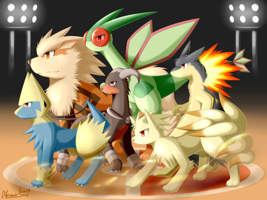 2015 absurd_res akino-kamihara all_fours ambiguous_gender arcanine battlefield feral fire flygon generation_1_pokemon generation_2_pokemon generation_3_pokemon group hi_res horn houndoom manectric ninetales nintendo pokemon pokemon_(species) size_difference spade_tail stadium_lighting tail typhlosion wings