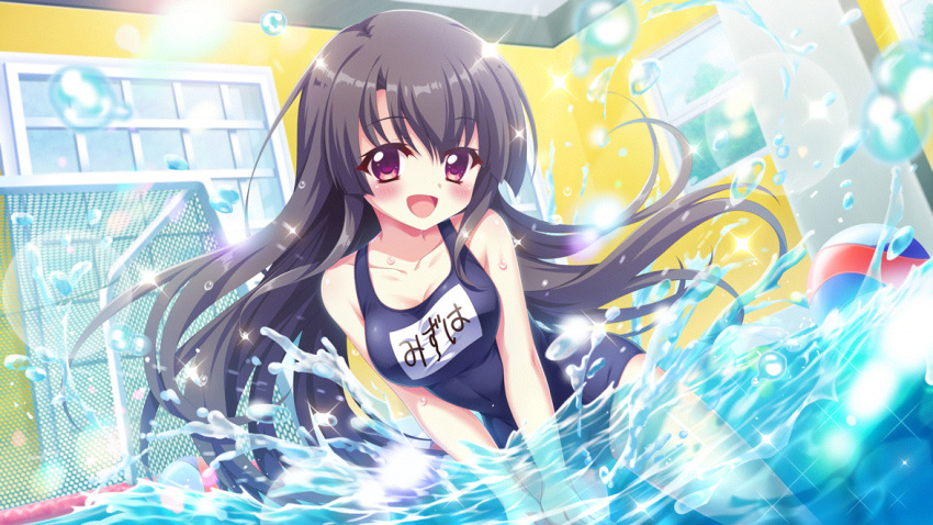 1girl :d ball black_hair blush breasts cleavage collarbone day dot_nose dutch_angle film_grain game_cg goal ichikishima_mizuha indoors izumi_tsubasu lens_flare long_hair looking_at_viewer medium_breasts net non-web_source official_art open_mouth partially_submerged playing_sports pool purple_eyes re:stage! school_swimsuit smile solo sparkle splashing straight_hair swimsuit water_drop water_polo window