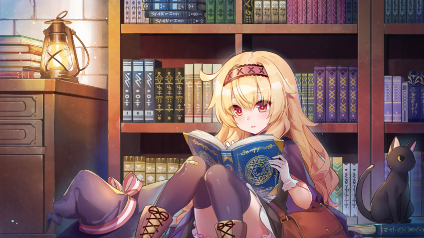 1girl bag black_cat black_dress blonde_hair bloomers blush book book_focus book_stack bookshelf cat cloak dot_nose dress game_cg gloves hair_between_eyes hairband hat hat_removed headwear_removed highres holding holding_book indoors lamp little_witch_nobeta long_hair nobeta non-web_source official_art open_book purple_cloak purple_headwear purple_thighhighs reading red_eyes red_hairband shoulder_bag sitting solo straight_hair thighhighs thighs underwear wall white_gloves witch_hat