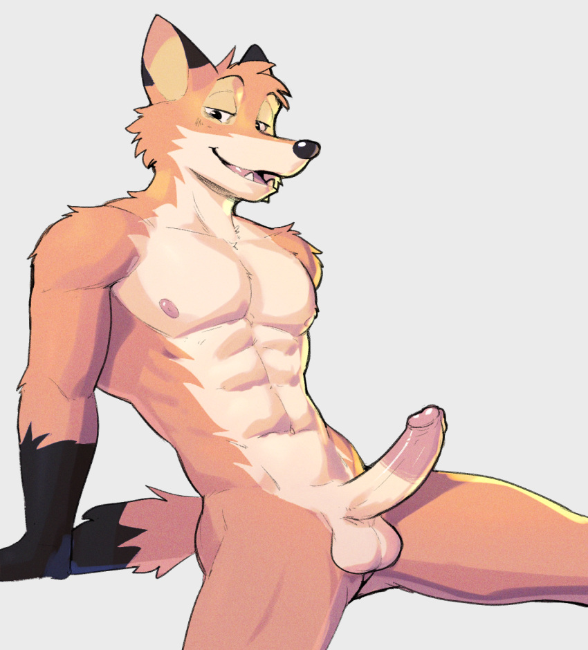 2023 abs anthro balls black_body black_fur canid canine fox fur genitals hi_res jrjresq looking_at_viewer male mammal multicolored_body multicolored_fur navel nipples nude open_mouth open_smile orange_body orange_fur penis simple_background sitting smile smiling_at_viewer solo tan_body tan_fur