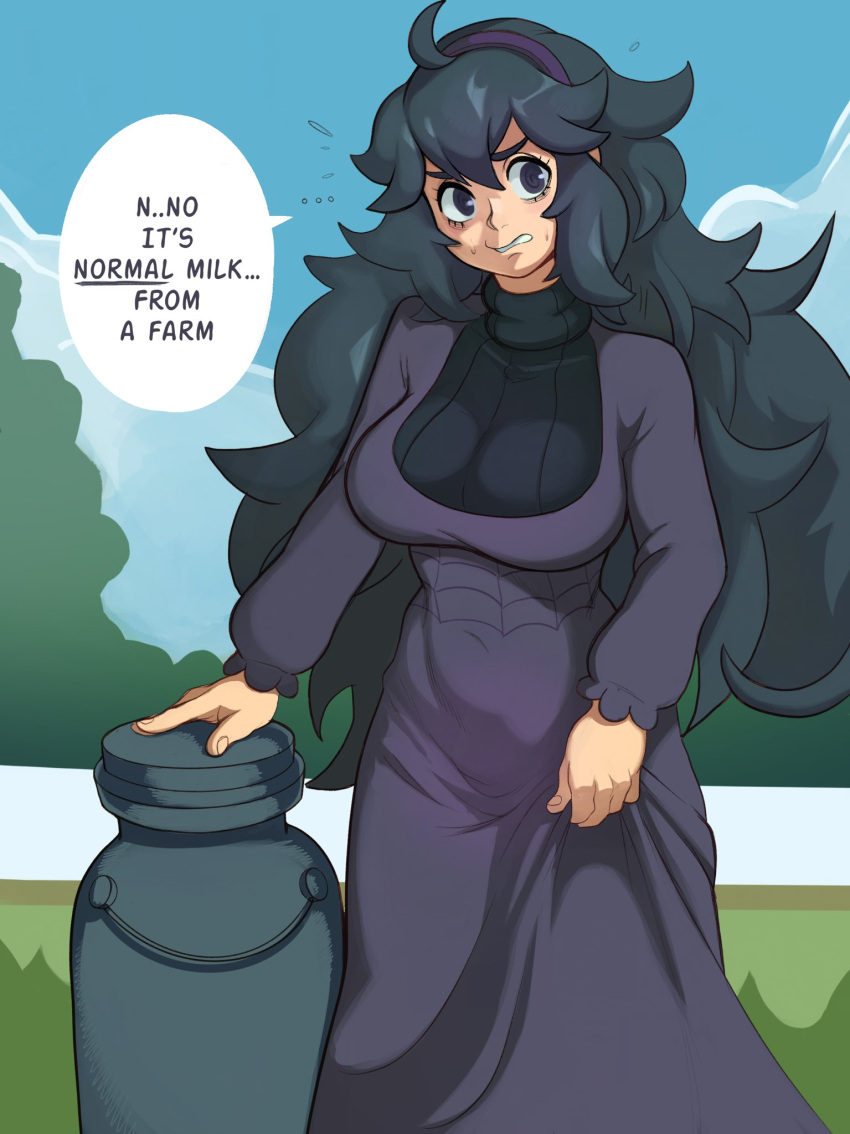 1girl @_@ alternate_breast_size angry bags_under_eyes black_hair breasts commentary dress english_commentary hairband hex_maniac_(pokemon) highres jug_(bottle) large_breasts long_hair messy_hair milkmountain pokemon pokemon_(game) pokemon_xy purple_hairband solo turtleneck_dress