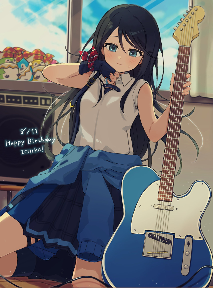 1girl black_footwear black_gloves black_hair black_skirt black_socks blue_eyes blue_jacket character_name classroom closed_mouth clothes_around_waist cloud dated electric_guitar fingerless_gloves gloves guitar happy_birthday highres hoshino_ichika_(project_sekai) indoors instrument jacket jacket_around_waist long_hair looking_at_viewer phenny_(project_sekai) project_sekai school_uniform shirt shoes single_glove skirt sky sleeveless sleeveless_shirt socks solo speaker stuffed_phoenix sweat uminokaisen white_shirt window