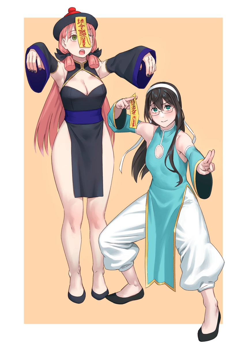 2girls akashi_(kancolle) alternate_costume aqua_eyes bare_shoulders black_dress black_footwear black_hair black_nails blue_dress blunt_tresses border breasts chinese_clothes cleavage cleavage_cutout clothing_cutout commentary_request dress fighting_stance full_body green_eyes hair_ribbon highres jiangshi kantai_collection large_breasts long_hair multiple_girls nail_polish ofuda ooyodo_(kancolle) open_mouth orange_background pink_hair ribbon simple_background sleeves_past_fingers sleeves_past_wrists small_breasts teeth tress_ribbon upper_teeth_only very_long_sleeves white_border wide_sleeves yuuji_(and)