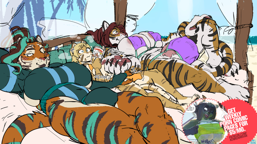 advertisement big_breasts breasts bulge clothing digital_media_(artwork) felid group hi_res intersex kenno_arkkan male mammal mana_(harioto01) pantherine pawpads paws roxanne_(spacenavytiger) seaside swimwear tiger trio voluptuous_gynomorph zen_(znr)