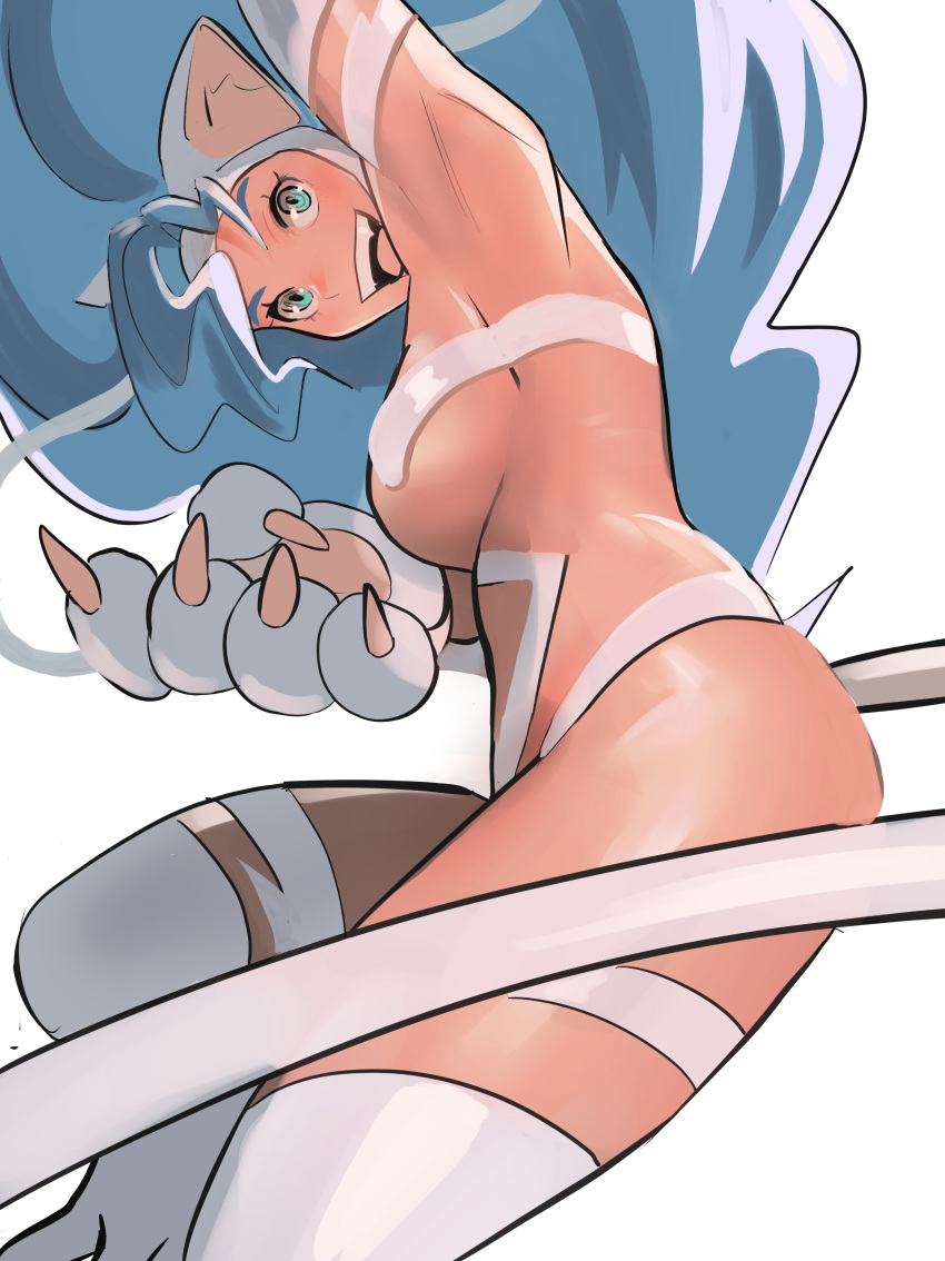 1girl absurdres animal_ears animal_hands arm_up armpits big_hair black_outline blue_hair blush breasts cat_ears cat_girl cat_tail claws fangs felicia_(vampire) green_eyes highres large_breasts long_hair looking_at_viewer meke_(77842928) open_mouth outline simple_background smile solo tail teeth upper_teeth_only vampire_(game) white_background