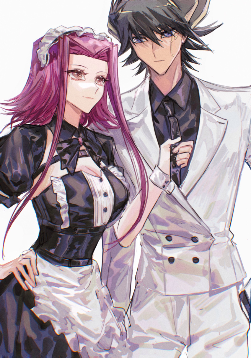 1boy 1girl absurdres alternate_costume apron black_bow black_bowtie black_hair black_necktie black_shirt black_skirt black_sleeves blonde_hair blue_eyes bow bowtie breasts brown_eyes cleavage closed_mouth collared_shirt enmaided facial_mark fudou_yuusei hair_between_eyes hair_intakes hand_on_own_hip highres izayoi_aki jacket large_breasts long_hair maid maid_headdress multicolored_hair naoki_(2rzmcaizerails6) necktie necktie_grab neckwear_grab pants red_hair shirt short_hair_with_long_locks short_sleeves simple_background skirt smile two-tone_hair underbust waist_apron white_apron white_background white_jacket white_pants wing_collar yu-gi-oh! yu-gi-oh!_5d's