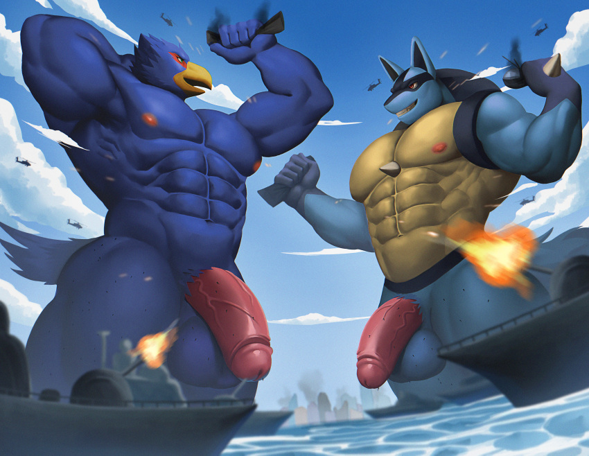 2023 absurd_res aircraft airplane anthro avian balls bird blue_body blue_fur canid canine city clothing destruction duo falco_lombardi flaccid fur generation_4_pokemon genitals green_eyes helicopter hi_res lucario macro male male/male mammal muscular muscular_male nintendo nude outside pecs penis pokemon pokemon_(species) purpledragonrei red_eyes sea seascape ship sky spikes spikes_(anatomy) star_fox vehicle water watercraft