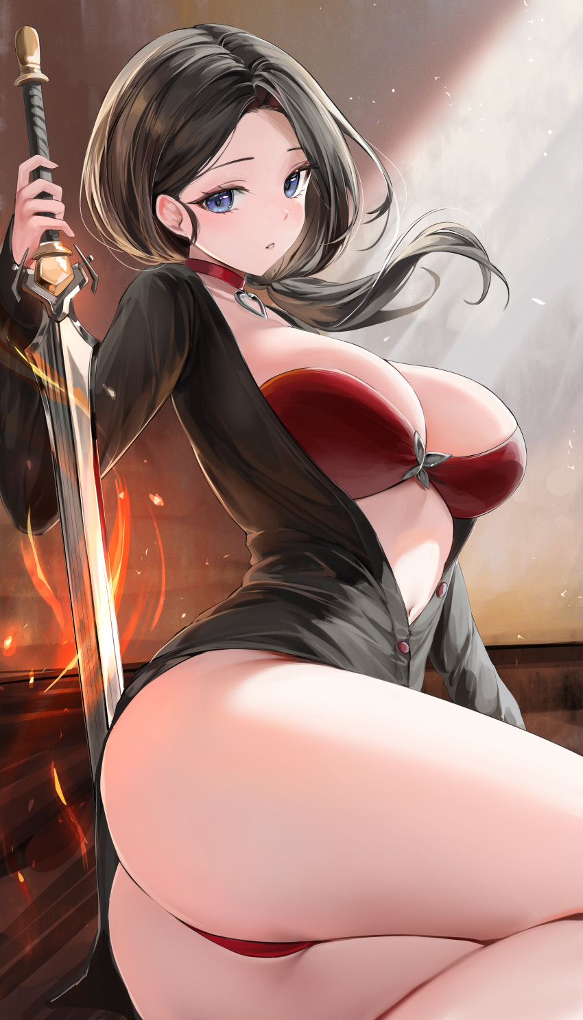 1girl absurdres bikini black_hair black_shirt blue_eyes breasts choker cleavage fire flaming_sword flaming_weapon floating_hair forehead hair_flaps hand_up heart highres holding holding_sword holding_weapon large_breasts leaning_to_the_side lillly long_hair long_sleeves looking_at_viewer low_ponytail magic navel open_mouth original parted_hair partially_unbuttoned red_bikini red_choker shirt sidelocks sitting smile swimsuit sword thighs weapon