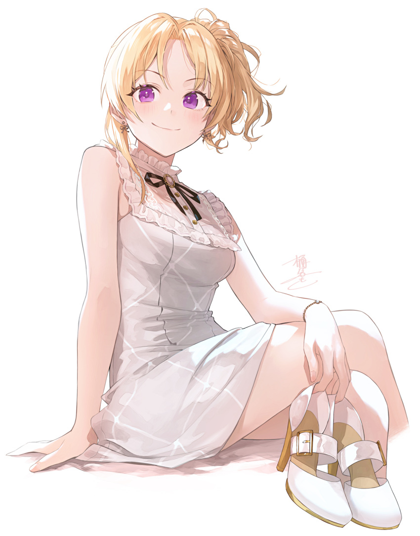 1girl blonde_hair commentary crossed_legs dress earrings high_heels highres idolmaster idolmaster_cinderella_girls jewelry kiryu_tsukasa_(idolmaster) looking_at_viewer okeno_kamoku purple_eyes sidelocks signature simple_background sitting smile solo strappy_heels white_background white_dress