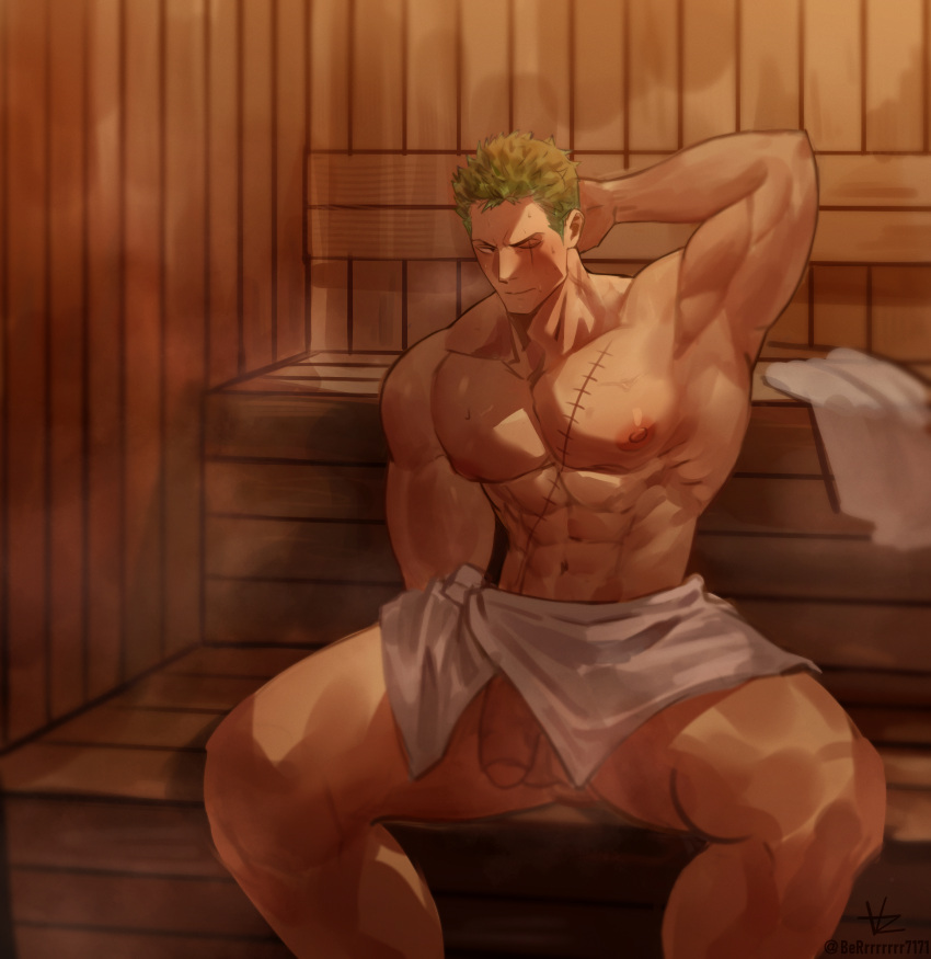 1boy abs alternate_muscle_size arm_behind_head bara berrrrrrrr7171 blush flaccid foreskin green_hair highres large_pectorals long_sideburns male_focus muscular muscular_male navel nipples one_piece pectorals penis penis_peek roronoa_zoro sauna scar scar_across_eye scar_on_chest short_hair shy sideburns solo spread_legs stomach sweat thick_thighs thighs topless_male very_sweaty