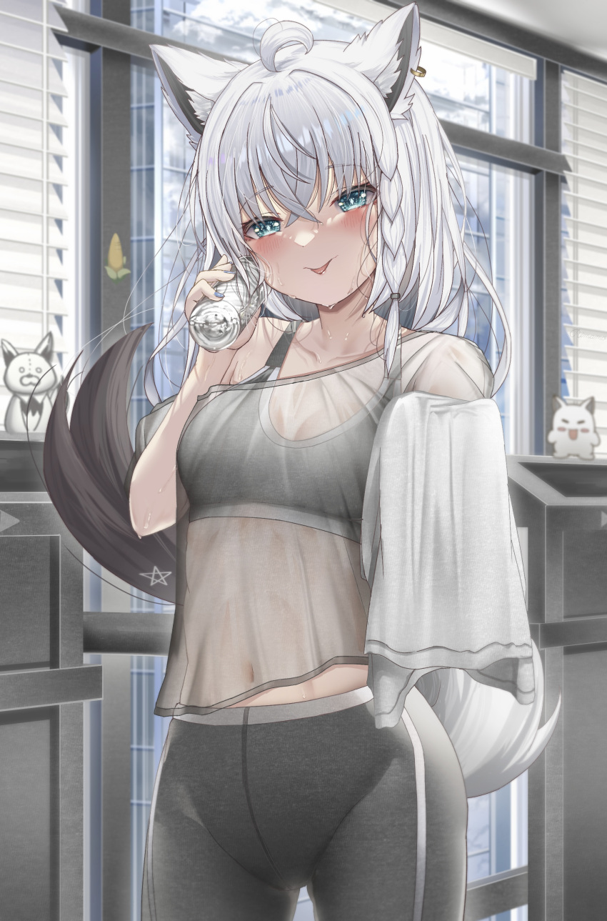 1girl absurdres ahoge animal_ear_fluff animal_ears blush bottle braid breasts commentary_request earrings fox_ears fox_girl fox_tail green_eyes grey_leggings grey_sports_bra hair_between_eyes highres holding holding_bottle holding_towel hololive indoors jewelry leggings long_hair looking_at_viewer medium_breasts navel pentagram plastic_bottle rimamo see-through see-through_shirt shirakami_fubuki sidelocks single_braid solo sports_bra sportswear sweat tail tongue tongue_out towel virtual_youtuber white_hair