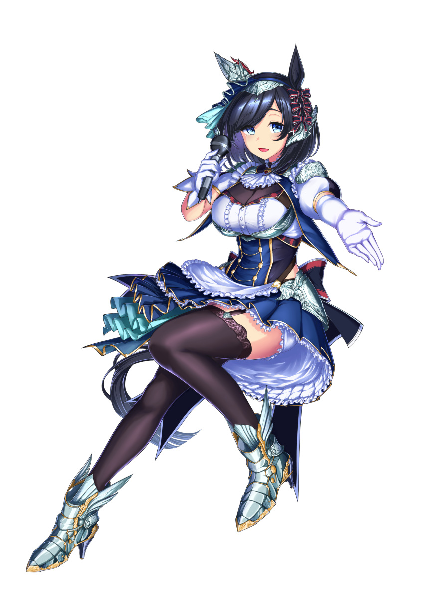 1girl absurdres alternate_costume animal_ears ascot black_hair black_thighhighs blue_eyes breasts buttons cleavage commentary_request double-breasted dress ear_covers eishin_flash_(umamusume) elbow_gloves frilled_dress frills full_body garter_straps gloves hairband high_heels highres holding holding_microphone horse_ears horse_girl horse_tail large_breasts light_blush looking_at_viewer microphone open_mouth outstretched_hand puffy_short_sleeves puffy_sleeves same_kujira_(challenger_310) short_hair short_sleeves single_ear_cover smile solo tail thighhighs umamusume white_ascot white_gloves