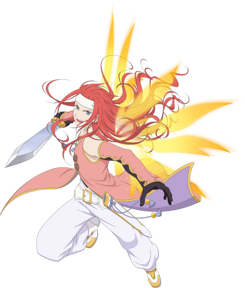 1boy belt blue_eyes detached_sleeves english_commentary full_body headband highres holding holding_sword holding_weapon long_hair male_focus official_art open_mouth pants red_hair shoes sword tales_of_(series) tales_of_asteria tales_of_symphonia transparent_background transparent_wings weapon white_pants wings zelos_wilder