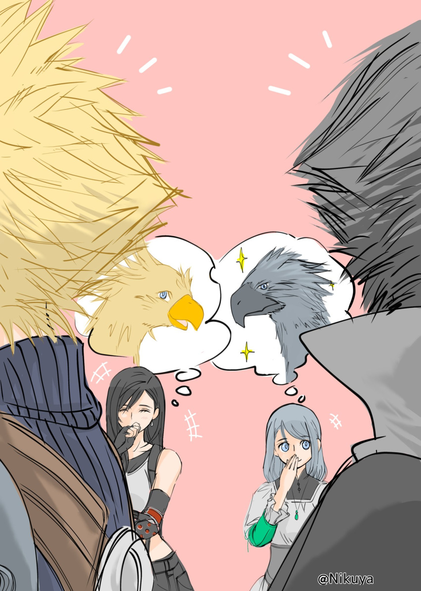 2boys 2girls arm_guards bare_shoulders bird black_hair black_skirt black_sports_bra blonde_hair blue_eyes blue_sweater chocobo clive_rosfield closed_eyes closed_mouth cloud_strife commentary crop_top dress earrings final_fantasy final_fantasy_vii final_fantasy_vii_remake final_fantasy_xvi grey_hair hair_behind_ear hand_to_own_mouth high_collar highres jewelry jill_warrick laughing light_blush long_hair looking_at_another medium_hair midriff multiple_boys multiple_girls necklace nikuya_(nikuya888) pink_background ribbed_sweater short_hair single_earring skirt smile sparkle spiked_hair sports_bra suspender_skirt suspenders sweater swept_bangs tank_top teardrop_earring tifa_lockhart turtleneck turtleneck_sweater twitter_username white_dress white_tank_top