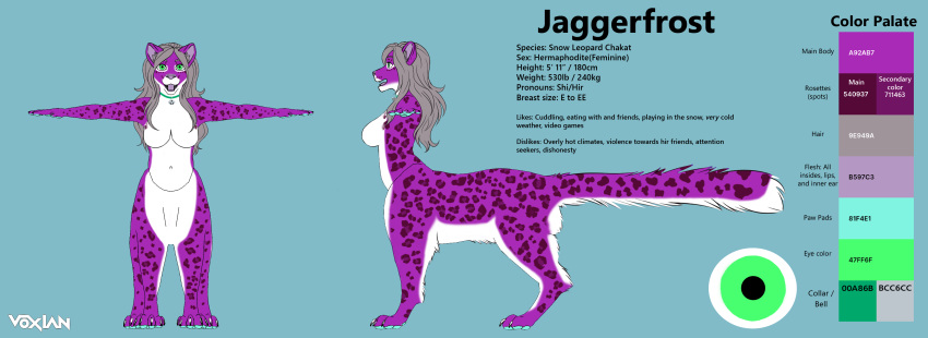 absurd_res chakat chakat_jaggerfrost(chakatjaggerfrost) chakatjaggerfrost(artist) english_text felid felid_taur feline feline_taur female fluffy fluffy_tail fur green_eyes hair herm_(lore) hi_res leopard_spots mammal mammal_taur model_sheet pantherine pantherine_taur pawpads paws purple_body purple_fur snow_leopard snow_leopard_taur solo spots tail taur text white_body white_fur