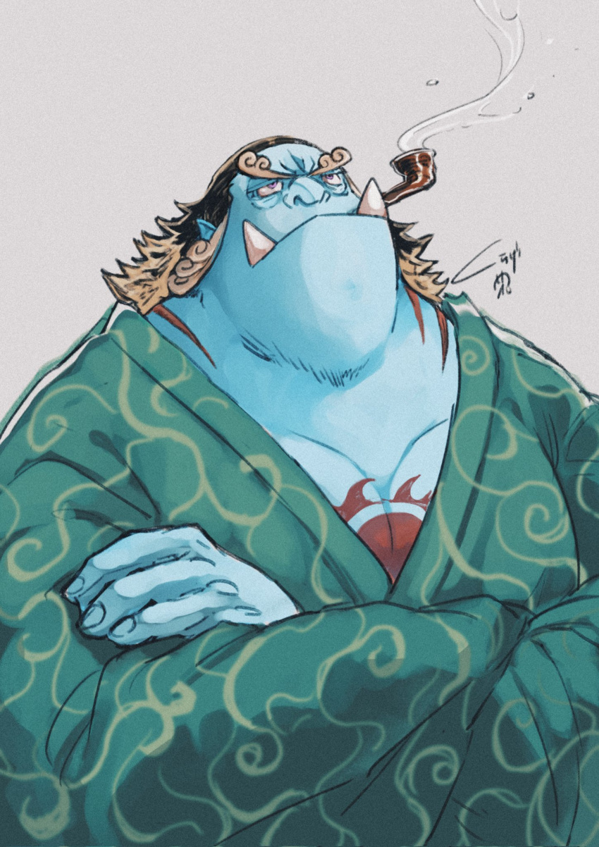 1boy alternate_costume black_hair blue_skin colored_skin crossed_arms curly_eyebrows fins fish_boy frown green_kimono half-closed_eyes highres ippaiotabe_mkw japanese_clothes jinbe_(one_piece) kimono large_pectorals looking_up male_focus mature_male multicolored_hair muscular muscular_male one_piece pectorals pointy_ears smoking smoking_pipe solo thinking tusks two-tone_hair upper_body wavy_ends