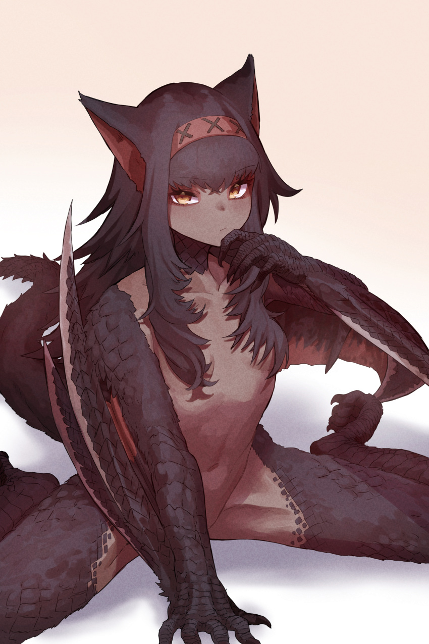1girl absurdres animal_ears black_hair breasts claws closed_mouth collarbone commentary_request completely_nude dark-skinned_female dark_skin dragon_tail ekrea_jan fingernails hair_between_eyes hair_over_breasts hairband highres long_fingernails long_hair long_toenails looking_at_viewer monster_girl monster_hunter_(series) nargacuga navel nude raised_eyebrow red_hairband scales shadow simple_background sitting small_breasts solo tail toenails tsurime very_long_hair wariza white_background yellow_eyes