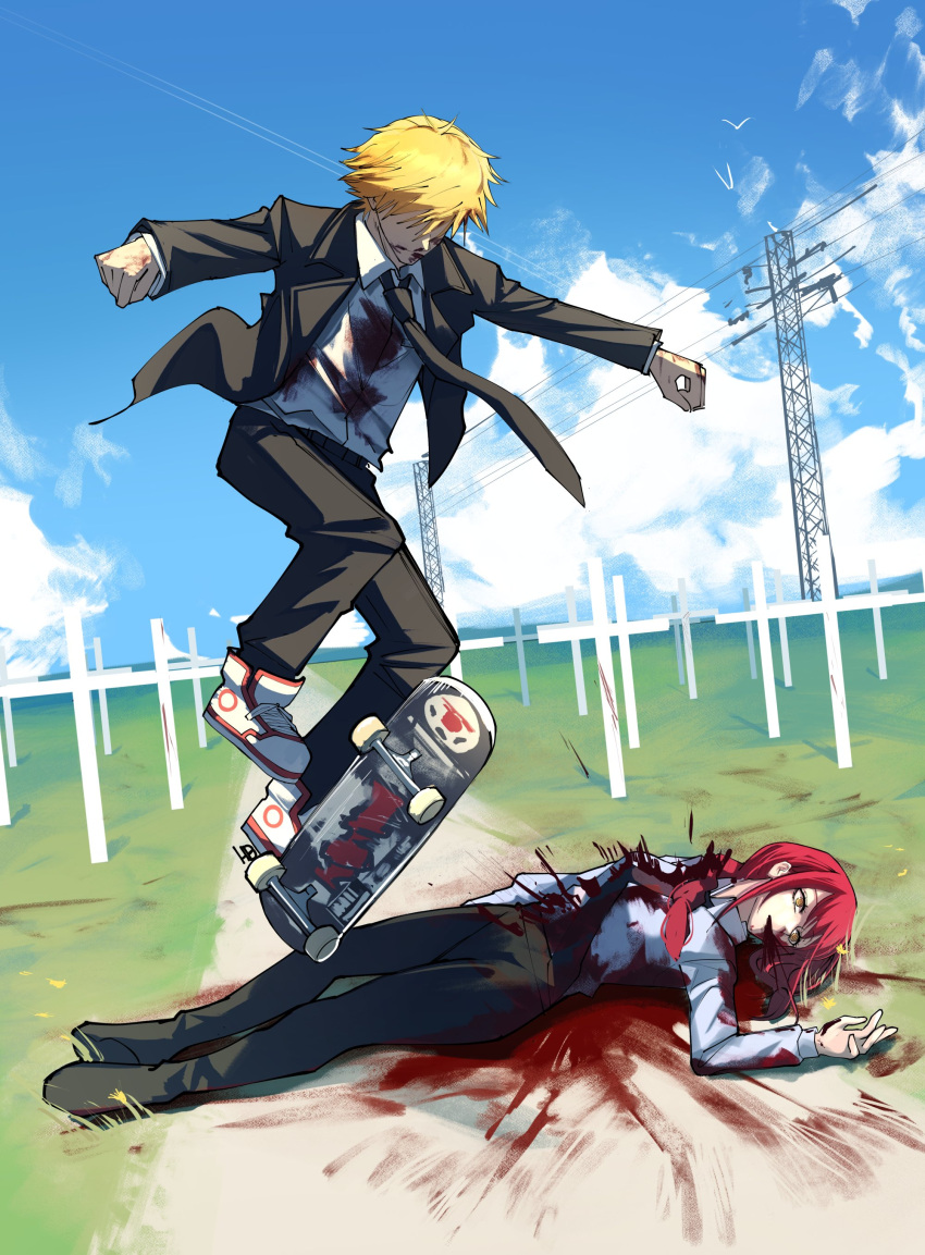 1boy 1girl absurdres black_jacket black_necktie black_pants blood blood_from_mouth blood_on_clothes blood_on_face chainsaw_man cloud cloudy_sky commentary corpse death denji_(chainsaw_man) english_commentary heartbreak_juan highres jacket makima_(chainsaw_man) necktie orange_eyes pants power_lines red_hair shirt shoes skateboard skateboarding sky sneakers white_footwear white_shirt