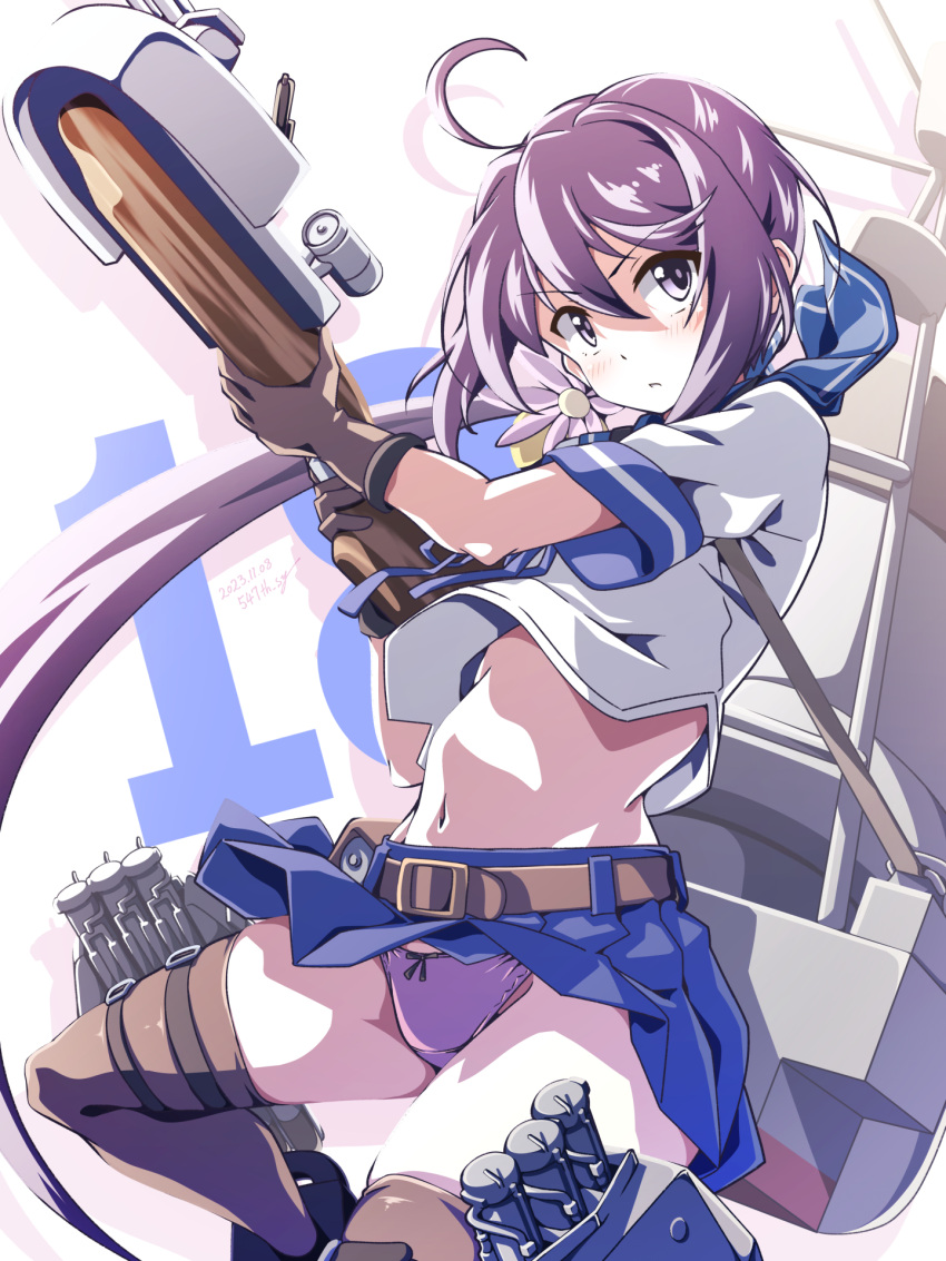 1girl 547th_sy adapted_turret ahoge akebono_(kancolle) bell black_thighhighs blue_neckerchief blue_sailor_collar blue_skirt cannon flower gun hair_bell hair_flower hair_ornament highres jingle_bell kantai_collection long_hair looking_at_viewer machinery navel neckerchief panties pleated_skirt purple_eyes purple_hair purple_panties rifle sailor_collar school_uniform serafuku side_ponytail skirt solo thighhighs torpedo_launcher turret underwear very_long_hair weapon