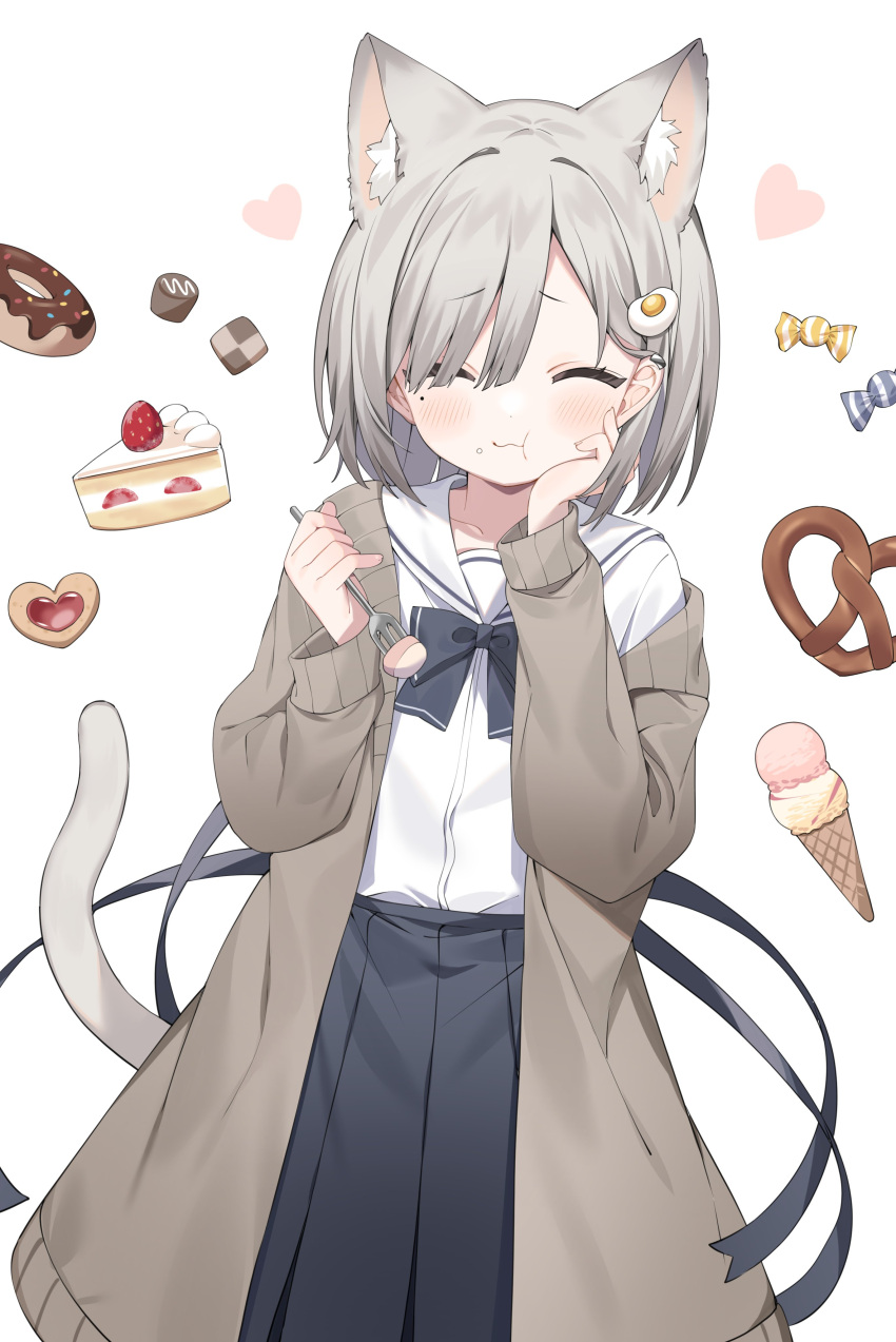 1girl absurdres animal_ears black_skirt blush cake cake_slice cat_ears cat_tail checkerboard_cookie closed_eyes closed_mouth coat cookie doughnut eating food fork grey_coat grey_hair highres holding holding_fork ice_cream inuyayo long_sleeves mole mole_under_eye open_clothes open_coat original pleated_skirt pretzel sailor_collar short_hair skirt solo tail white_sailor_collar