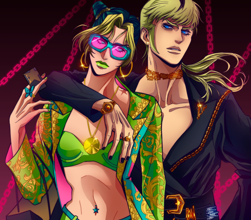 1boy 1girl alternate_costume arm_around_shoulder birthmark black_hair black_nails blonde_hair blue_eyes butterfly_ring cone_hair_bun crop_top donatello_versace double_bun earrings green_jacket green_lips green_nails hair_bun highres hoop_earrings jacket jewelry joestar_birthmark jojo_no_kimyou_na_bouken kujo_jolyne lipstick makeup mrg_dm multicolored_hair navel_piercing necklace piercing ponytail sideburns stethoscope stone_ocean sunglasses two-tone_hair watch wristwatch