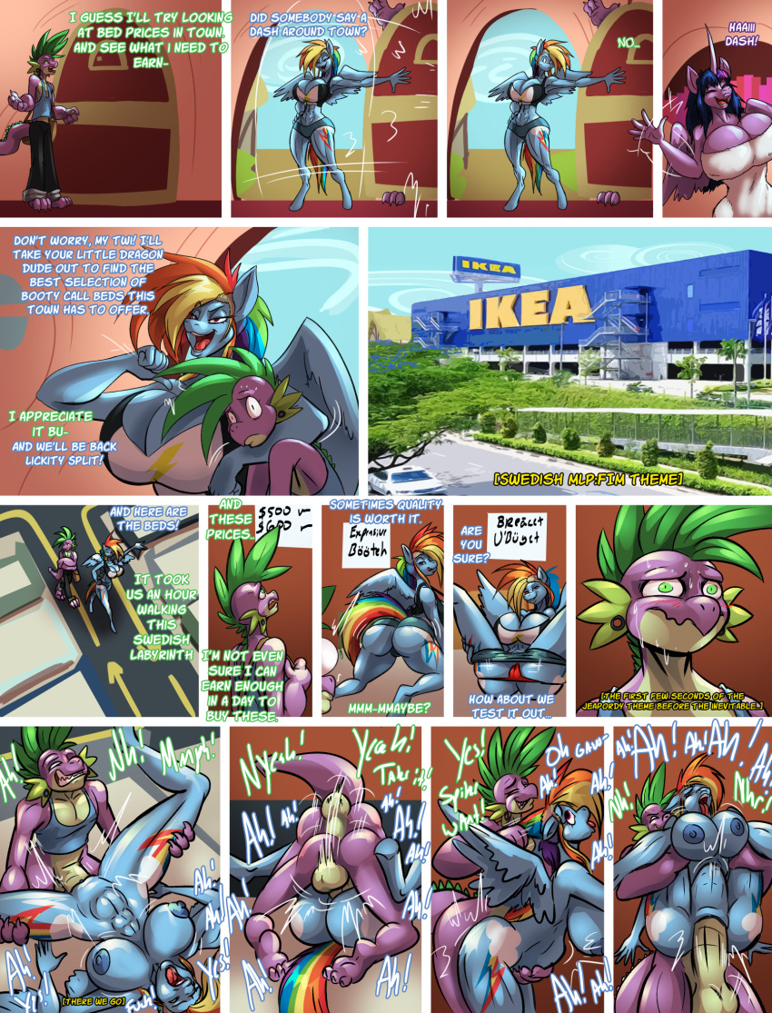 2023 aged_up anthro anthro_penetrated areola balls breasts clothing comic cutie_mark dialogue digital_media_(artwork) english_text equid equine eyes_closed female female_penetrated fingers friendship_is_magic genitals hasbro hi_res male male/female male_penetrating male_penetrating_female mammal my_little_pony nipples open_mouth pegasus penetration penis pussy rainbow_dash_(mlp) scalie sex spike_(mlp) text thebigbadwolf01 twilight_sparkle_(mlp) vaginal vaginal_penetration wings