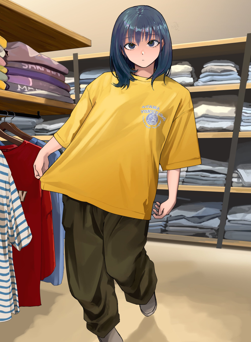 1girl absurdres baggy_pants blue_hair clothes clothes_shop commentary contrapposto expressionless full_body green_pants grey_eyes highres indoors looking_at_viewer medium_hair mmmo3 original oversized_clothes oversized_shirt pants shirt shirt_hold shop solo standing straight-on yellow_shirt