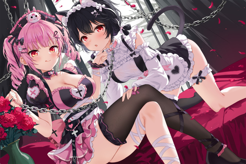 2girls :p animal_ears black_hair breasts cat_ears cat_girl cat_tail chain chain_leash character_request choker cleavage collar copyright_request detached_sleeves devil_heavens drill_hair flower hand_on_another's_chin hand_on_another's_thigh highres holding holding_leash leash legwear_garter multiple_girls pink_hair red_eyes rose single_thighhigh tail thighhighs tongue tongue_out twin_drills vase virtual_youtuber