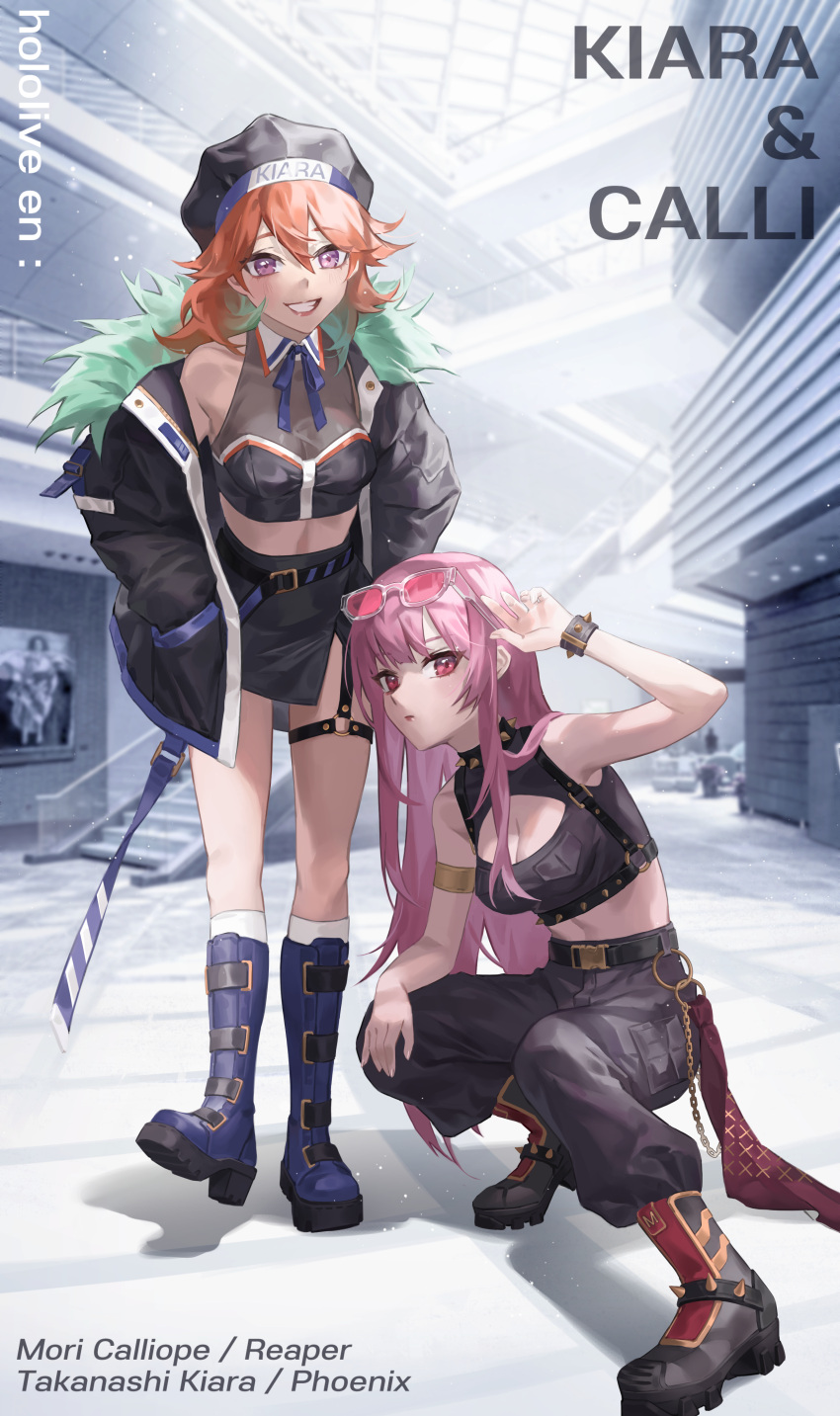 2girls absurdres alternate_costume arm_up armlet bare_shoulders belt belt_buckle black_belt black_footwear black_headwear black_jacket black_pants black_skirt blue_footwear blue_ribbon blurry blurry_background boots bracelet breast_pocket breasts bridge buckle chain character_name cleavage cleavage_cutout closed_mouth clothes_writing clothing_cutout collar colored_tips commentary copyright_name crop_top curled_fingers depth_of_field dress english_text expressionless eyewear_on_head floor full_body fur-trimmed_jacket fur_trim green_hair grey_background grin hair_between_eyes hand_on_own_knee handrail hands_in_pockets hat high_heel_boots high_heels highres hololive hololive_english horns indoors jacket jewelry jyuma knee_boots kneehighs leaning_forward light_blush light_particles long_hair long_sleeves looking_at_viewer mall medium_breasts medium_hair midriff mori_calliope multicolored_hair multiple_girls navel neck_ribbon o-ring o-ring_thigh_strap open_clothes open_hand open_jacket open_mouth orange_hair pants pink-tinted_eyewear pink_hair pocket purple_eyes red_eyes ribbon see-through see-through_shirt shadow shirt side_slit skirt sleeveless sleeveless_shirt smile socks spiked_bracelet spiked_collar spiked_footwear spikes squatting stairs standing standing_on_one_leg sunglasses takanashi_kiara thigh_strap tinted_eyewear tsurime two-tone_hair very_long_hair virtual_youtuber wall wing_collar
