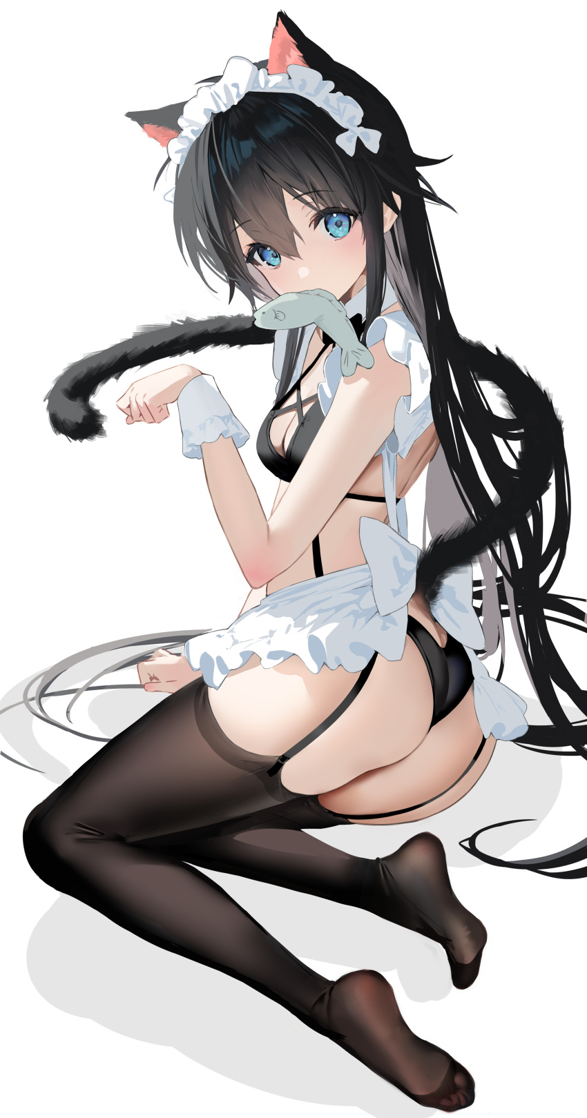 1girl absurdres animal_ears ass black_hair blue_eyes breasts cat_ears cat_girl cat_tail character_request cleavage copyright_request eyebrows_hidden_by_hair fish fish_in_mouth highres long_hair looking_at_viewer maid maid_headdress mimoza_(96mimo414) no_shoes paw_pose soles solo tail thighhighs