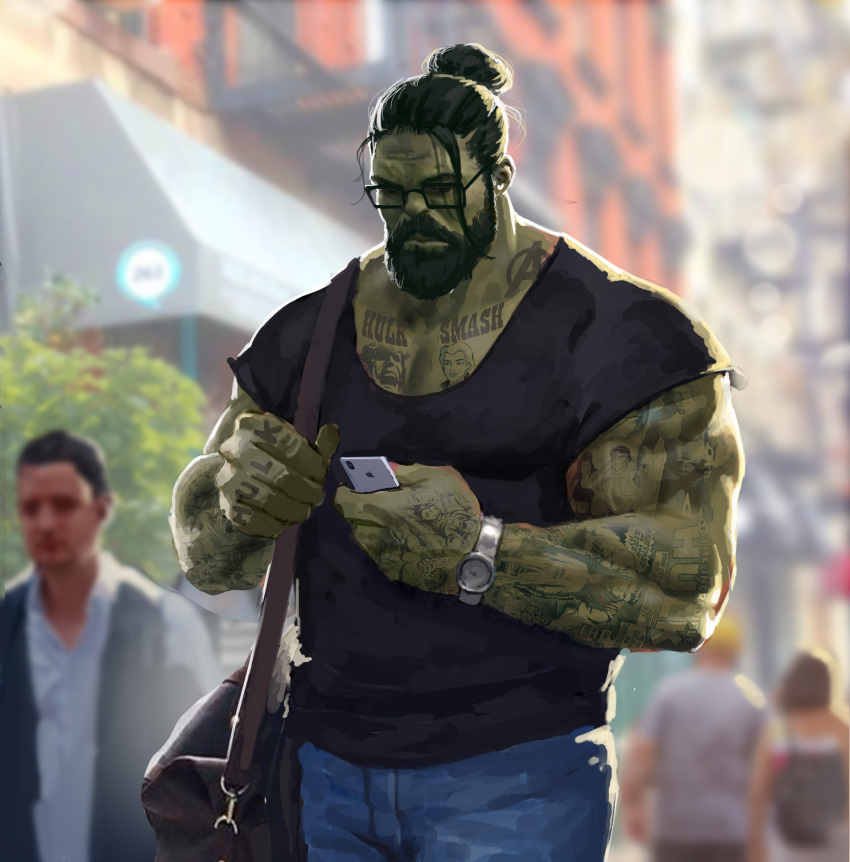 1boy absurdres alternate_costume alternate_hairstyle arm_tattoo avengers_(series) beard bespectacled black_hair blurry blurry_background chest_tattoo colored_skin contemporary cowboy_shot crowd denim erik_bragalyan faceless faceless_male facial_hair glasses green_skin hair_bun highres holding holding_phone hulk jeans large_pectorals long_beard loose_hair_strand male_focus marvel mature_male muscular muscular_male pants pectoral_cleavage pectorals phone shirt single_hair_bun solo t-shirt tattoo thick_eyebrows thick_mustache veins veiny_arms