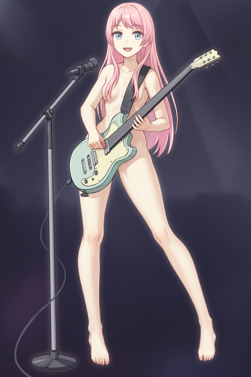 1girl :d bang_dream! bang_dream!_it's_mygo!!!!! barefoot blue_eyes chihaya_anon collarbone commentary_request completely_nude da_akana_xiv full_body hair_over_eyes highres holding holding_instrument instrument long_hair looking_at_viewer microphone microphone_stand music nude open_mouth pink_hair playing_instrument smile solo standing teeth thighs toenails toes upper_teeth_only