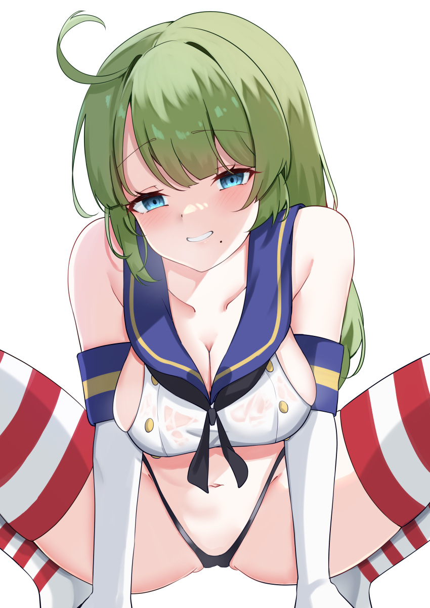 1girl absurdres ahoge blue_eyes blush breasts calin cleavage cosplay elbow_gloves feet_out_of_frame gloves green_hair high-waist_panties highres kantai_collection large_breasts long_hair navel shimakaze_(kancolle) shimakaze_(kancolle)_(cosplay) shirt sideboob simple_background solo spread_legs squatting stomach striped striped_thighhighs thighhighs wet wet_clothes wet_shirt white_background yuugumo_(kancolle)