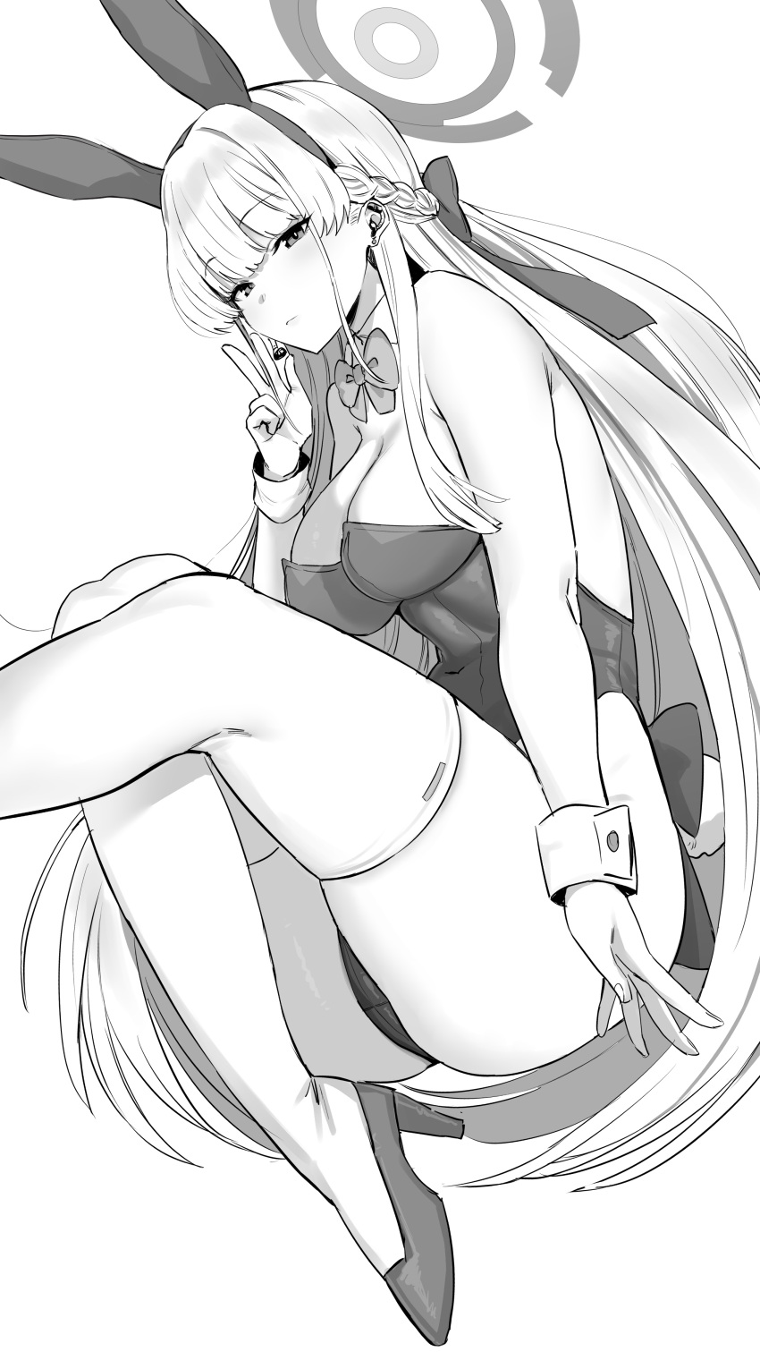 1girl absurdres animal_ears bare_arms bare_shoulders blue_archive blush bow bowtie breasts detached_collar fake_animal_ears fake_tail greyscale hair_ornament hairband halo hand_up high_heels highres hotate-chan large_breasts leotard looking_at_viewer monochrome official_alternate_costume playboy_bunny rabbit_ears rabbit_tail sideboob simple_background solo tail thighhighs thighs toki_(blue_archive) toki_(bunny)_(blue_archive) w white_background white_thighhighs wrist_cuffs
