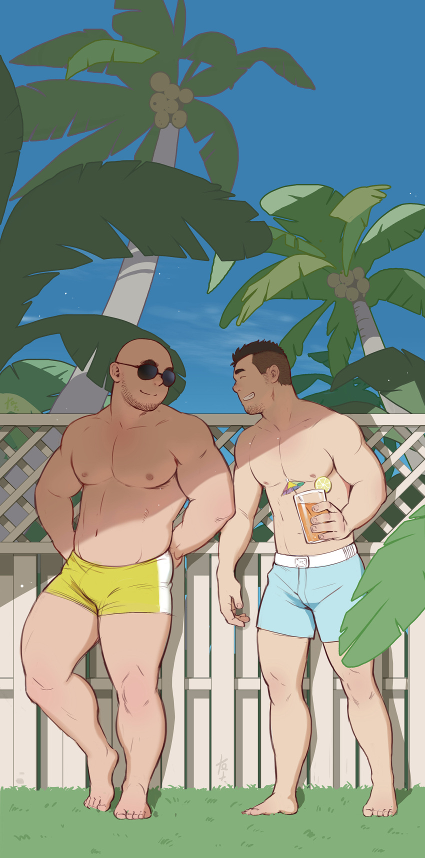 2boys ^_^ abs absurdres atian_(youtiange) bald bara beach beard_stubble chai_(youtiange) closed_eyes contrapposto facial_hair facing_another full_body goatee_stubble highres ji_peng_gou_you large_pectorals lgbt_pride long_sideburns male_focus mature_male multiple_boys muscular muscular_male navel nipples palm_tree pectorals shade short_hair sideburns sideburns_stubble standing stomach stubble sunglasses sunlight thick_thighs thighs topless_male tree undercut youtian_(youtiange)